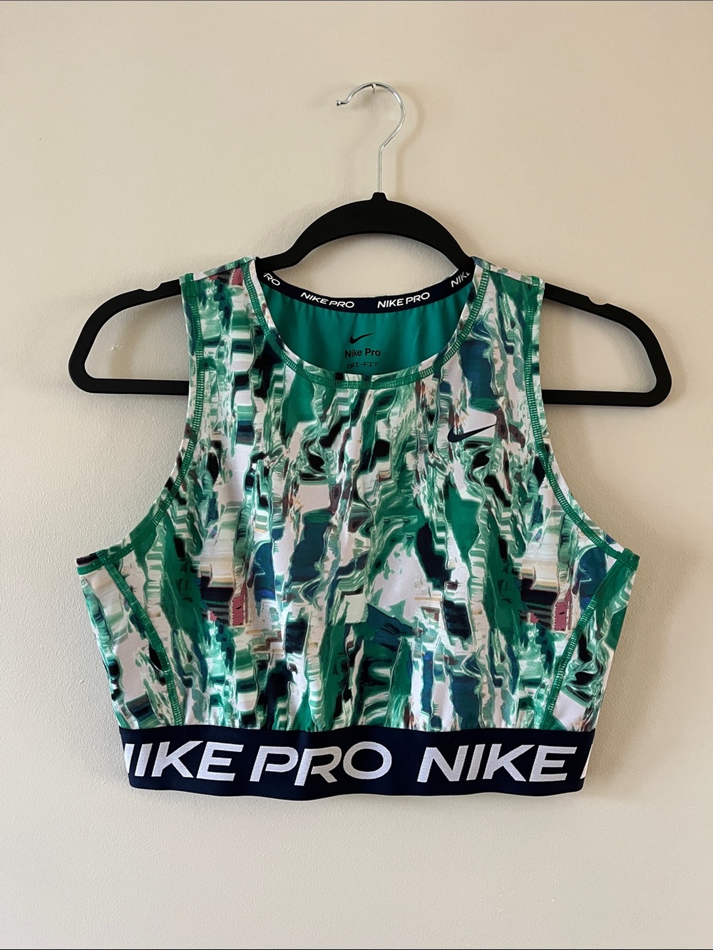 Nike Pro Green Abstract Crop Tank with Black Logo Band